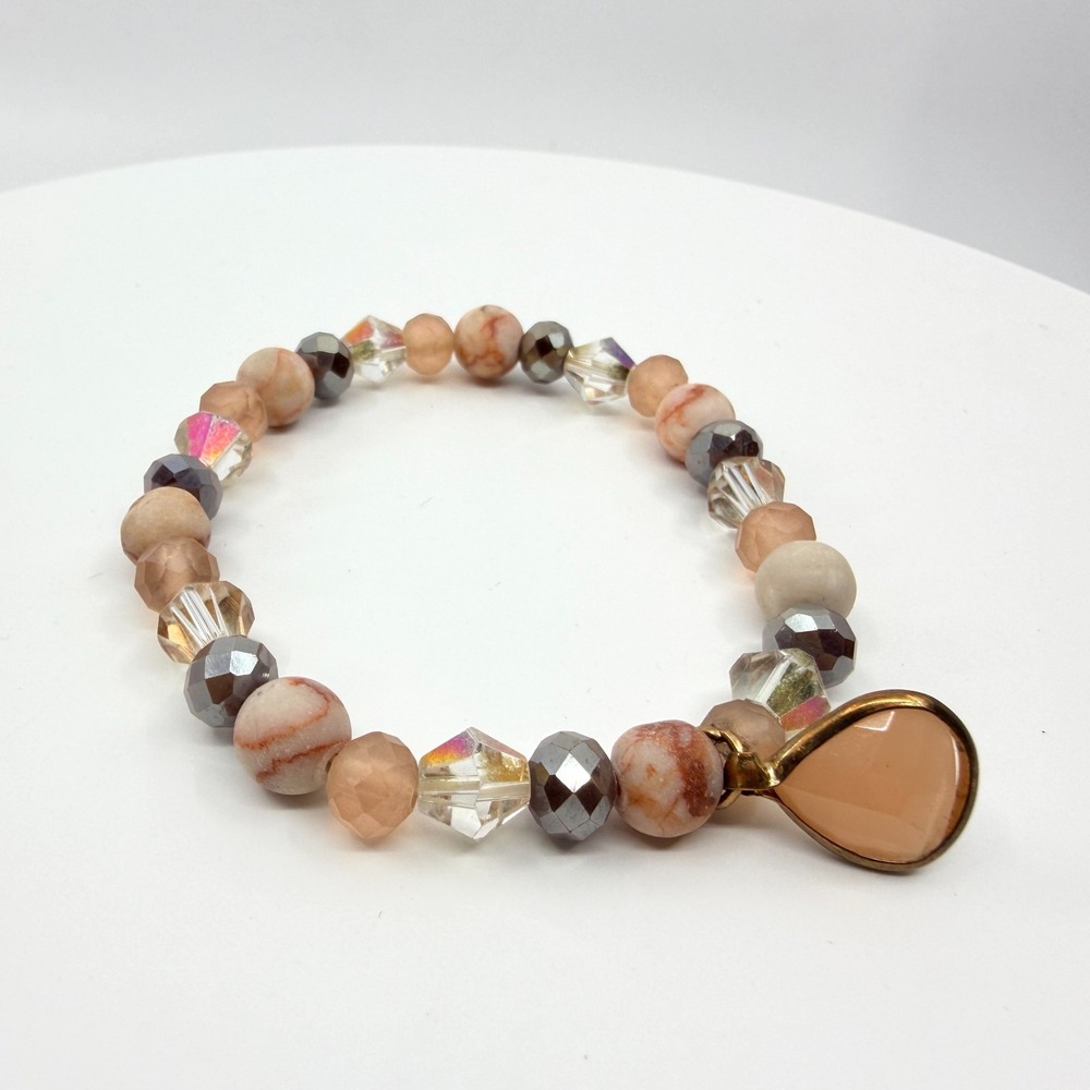 Vintage Peach Beaded Stretch Bracelet with Crystal Teardrop Charm